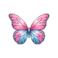 a pink and blue butterfly with sparkles on its wings on a white background