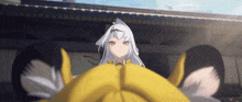 a cartoon character with white hair and a yellow hat