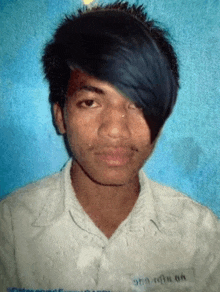 a young man with blue hair and a white shirt has a name tag that says ' shree ram on '
