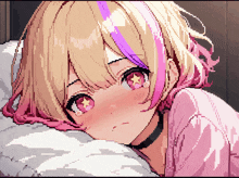 a pixel art of a girl with pink hair and a choker