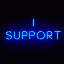 a neon sign that says i support in blue and green