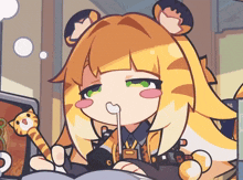 a cartoon drawing of a girl with yellow hair and green eyes holding a cat toy