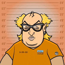a cartoon of a man wearing a pen frens t-shirt