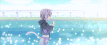 a pixel art of a girl with purple hair standing in the water