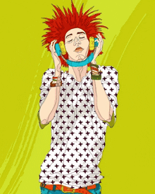 a man with red hair is wearing headphones and a shirt with a pattern of stars