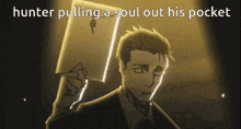 a man in a suit is pulling a soul out his pocket