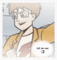 a cartoon drawing of a man with glasses and the words bill de mai on the bottom