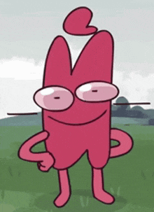 a pink cartoon character with glasses and a heart on his head is standing in a field