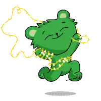 a green teddy bear is dancing with a string of lights around his neck