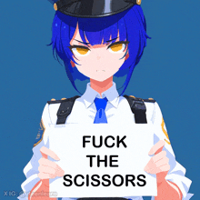 a police officer holding a sign that says fuck the scissors