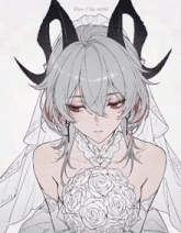 a drawing of a girl with horns holding a bouquet of flowers
