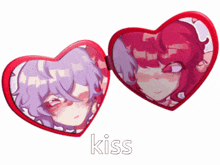 a pair of heart shaped mirrors with the word kiss written on the bottom