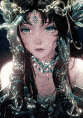 a close up of a girl 's face with a necklace and gloves