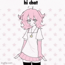 a drawing of a girl with pink hair and a star necklace with the words hi chat .