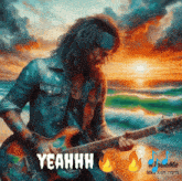 a painting of a man playing a guitar with yeahh written on the bottom