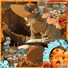 a picture of a woman with a hat and a kitten with the words lesbian pride on the bottom