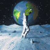 a pixelated image of a person standing on the moon with a green face on their head