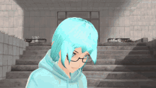 a girl with blue hair and glasses stands in front of a staircase