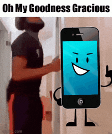 a man is standing next to a cell phone with a face and arms