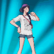 a pixel art drawing of a girl wearing a white shirt and shorts