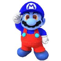 a blue mario wearing red overalls and a blue hat with a letter m on it