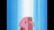 a pink cartoon character is standing in front of a blue curtain .