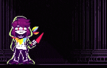 a pixel art of a person holding a knife and saying `` but how am i supposed to clean this white ...
