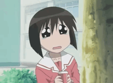 a cartoon girl with a sad look on her face is holding a can of soda