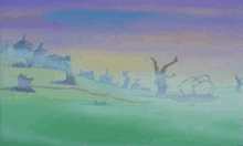 a painting of a group of people standing in a field with a purple sky behind them .