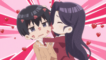 a woman is kissing a boy on the cheek with hearts around them