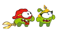 a cartoon character holding a pair of scissors next to another character wearing a crown
