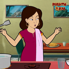 a cartoon of a woman cooking in front of a sign that says " mighty raju "