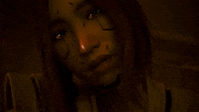 a close up of a woman 's face with red lips and black lines on her face