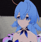 a close up of a blue haired anime girl with a bow around her neck