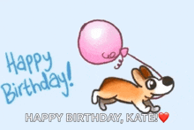 a cartoon of a dog holding a pink balloon with the words happy birthday written on it .