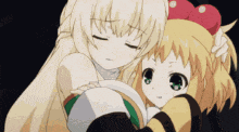 two anime girls are hugging each other with one wearing a bee outfit