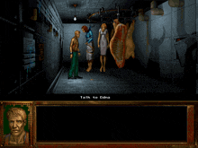 a screenshot of a video game shows a man and a woman standing in a hallway with the words look at on the screen