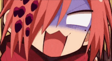 a close up of a cartoon character with red hair making a face .