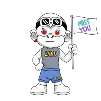 a cartoon character is holding a flag that says " miss you "