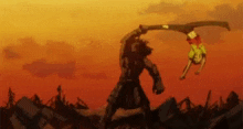 a man and a woman are fighting in a field with a sword .
