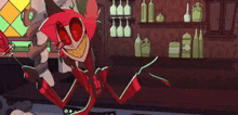 a cartoon character is standing in front of a bar holding a snake and a bottle of poison .