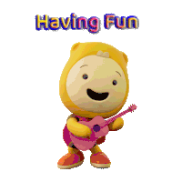 a cartoon character is holding a pink guitar with the words having fun behind him