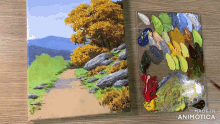 a painting of a path next to a palette with the words made in animatica on the bottom