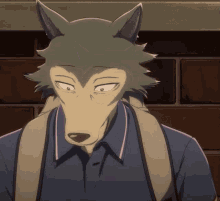 a cartoon of a wolf wearing a blue shirt and carrying a backpack