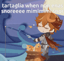 a cartoon drawing of a boy fishing with the caption tartaglia when non enas snoreeee mimimimi snor