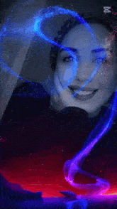 a woman is smiling with a blue and purple swirl behind her and the words capcut on the bottom