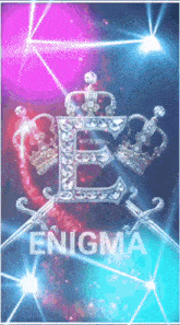 an enigma logo with a crown and swords