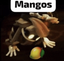 a cartoon character is holding a mango and a sign that says ' mangos ' on it .
