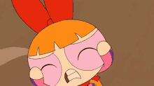 a close up of a cartoon character with orange hair and pink glasses
