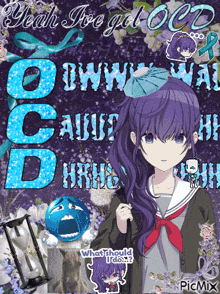 a girl with purple hair is holding an umbrella in front of a sign that says " yeah i ve got oc "